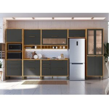 Cozinha Modulada Completa 7 Peças 14 Portas 6 Gavetas E Vidro 429cm 100% Mdf Vicenza Espresso Móveis Amêndoa/chumbo